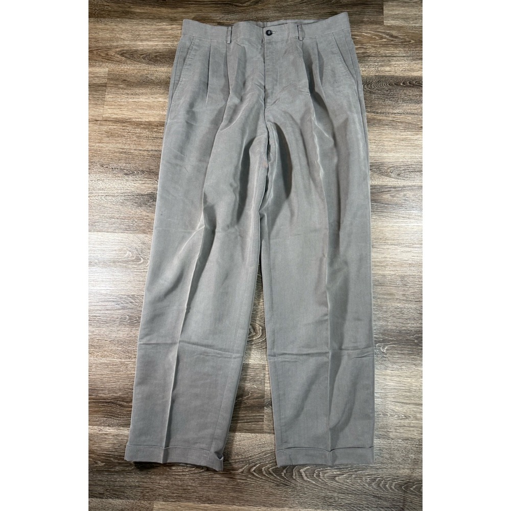 Claiborne Mens Gray Herringbone Pleated Dress Pants 36x32 Cuffed Rayon Blend